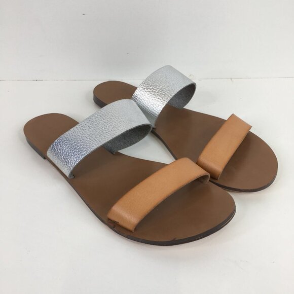 J.Crew Metallic Silver Tan Double Strap Slip On Sandals Size 7 - Picture 2 of 9